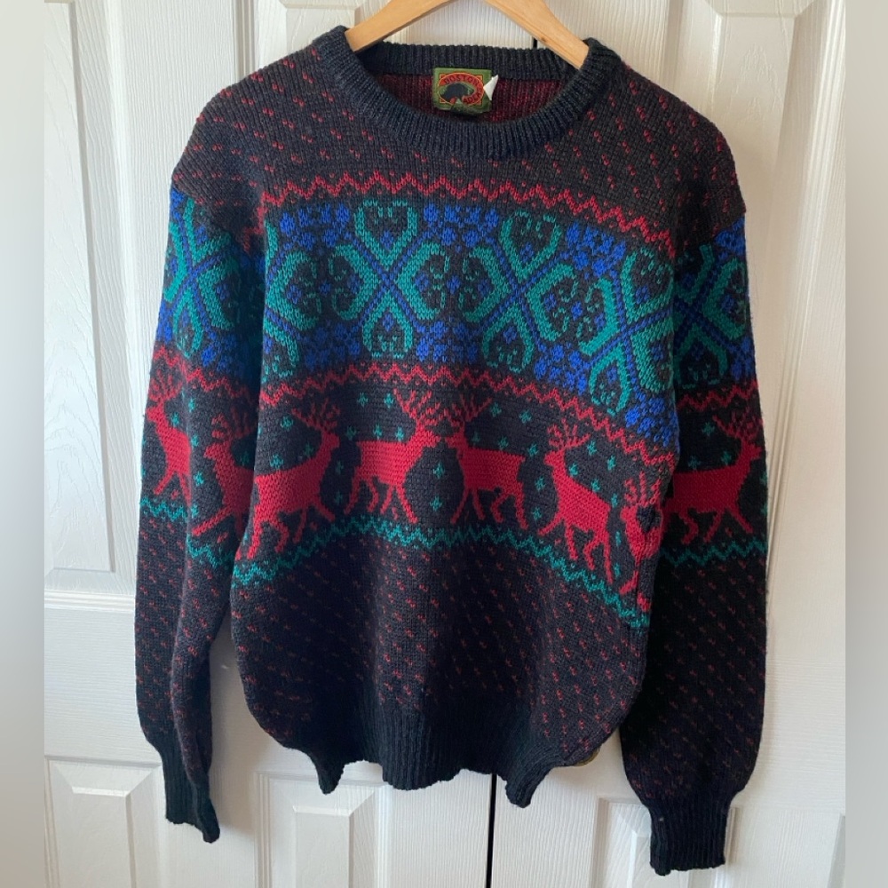 VINTAGE BOSTON TRADERS 100% Wool Nordic Fair Isle Reindeer Crewneck Sweater M